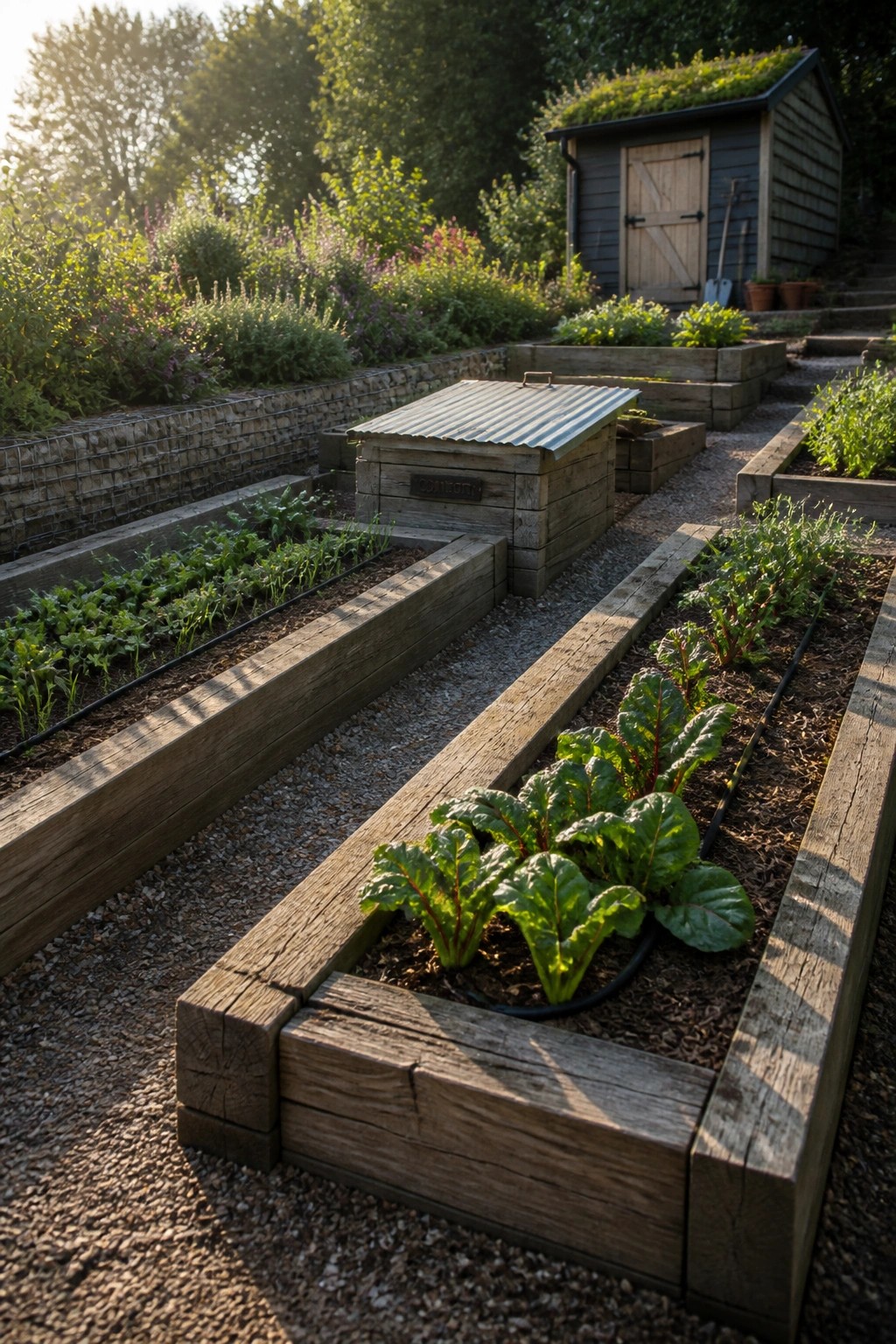A garden view showing multiple raised wooden beds with leafy plants, gravel paths between them, and a wooden compost bin near the center.