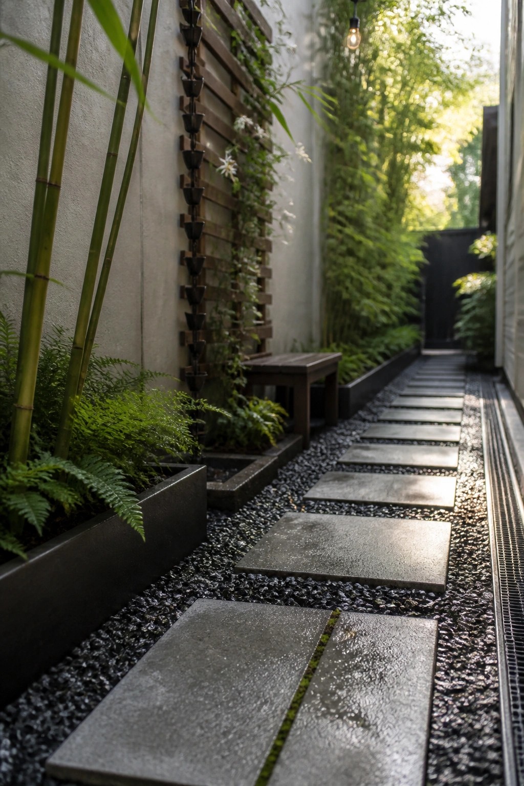 A narrow garden walkway of large gray rectangular stepping stones set in dark gravel, with ferns and bamboo in black planters along the left side and a vertical slatted wall feature on the right.