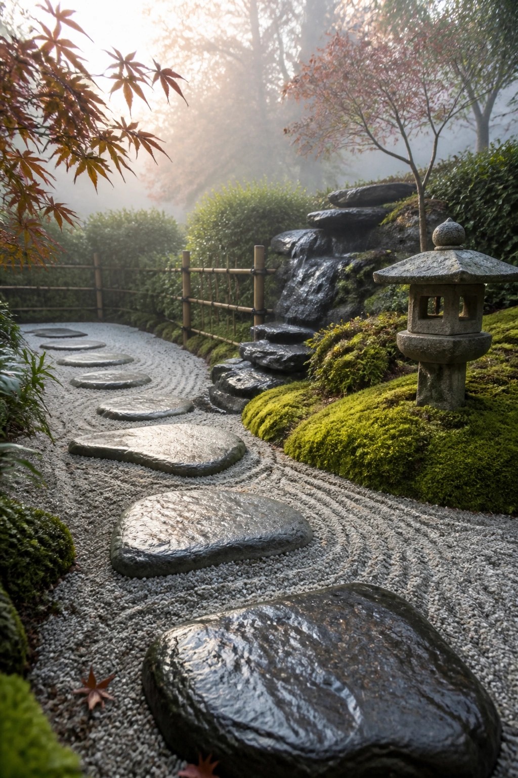 A curving path of large flat stepping stones embedded in raked gravel winds through a misty garden with moss-covered rocks, a stone lantern, and autumn foliage.