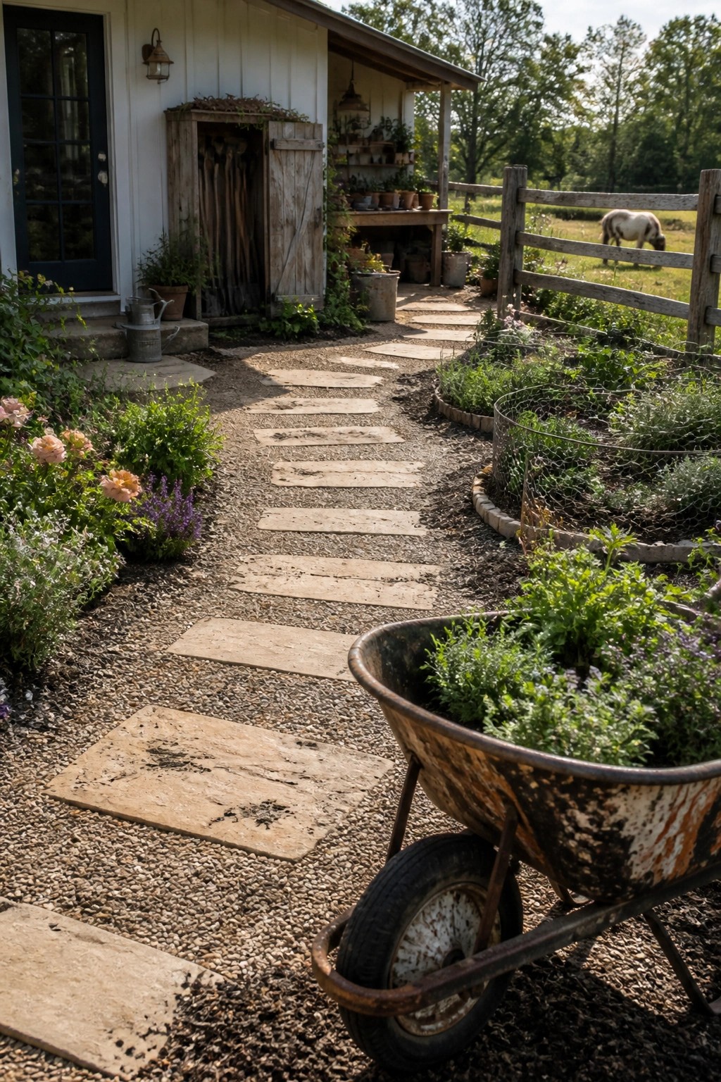 A gravel garden path lined with rectangular stone pavers leads past flower beds and a rusted wheelbarrow toward a white house with a wooden fence.