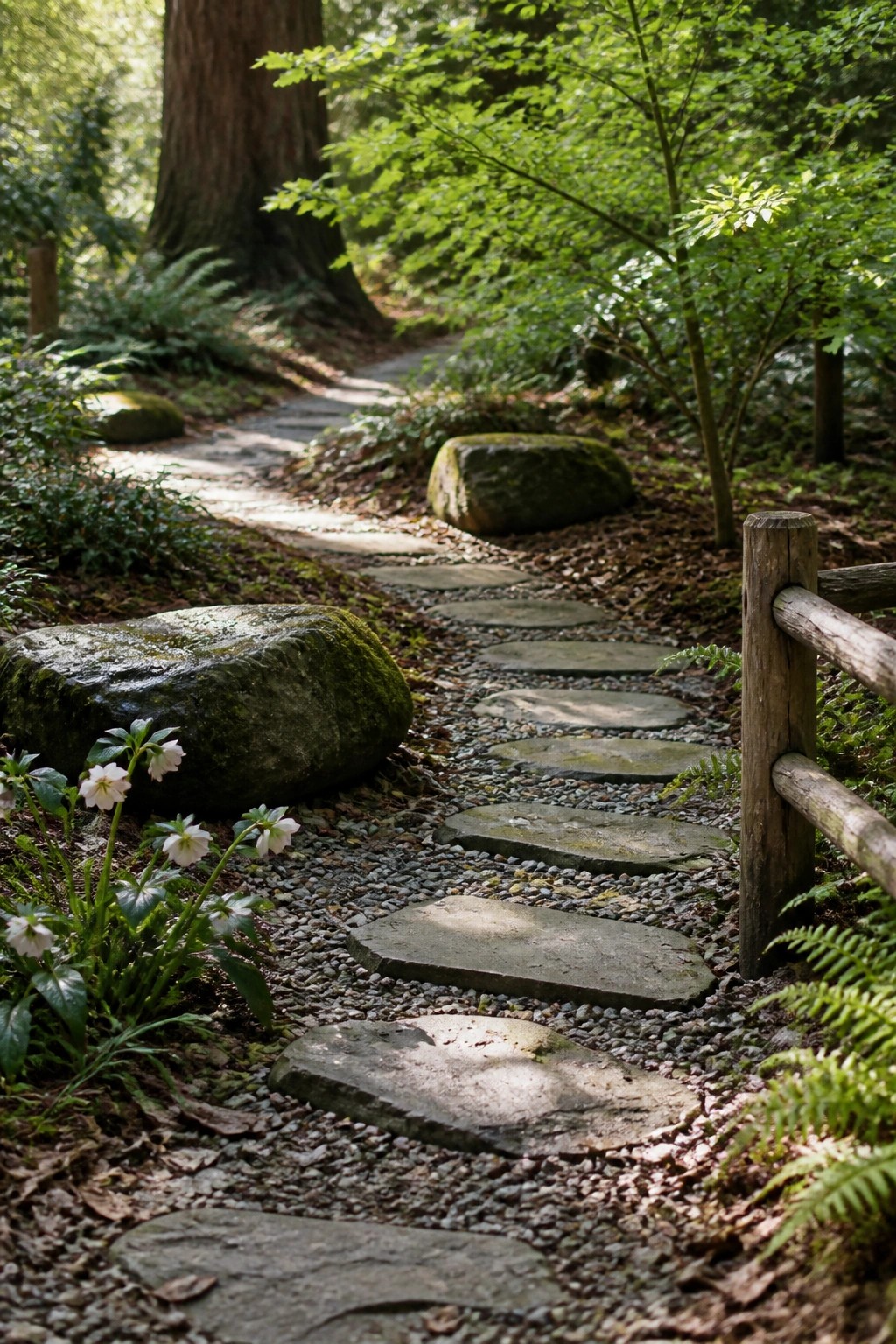 A winding garden path made of large flat stepping stones set in gravel, running through trees and ferns with mossy rocks along the sides.