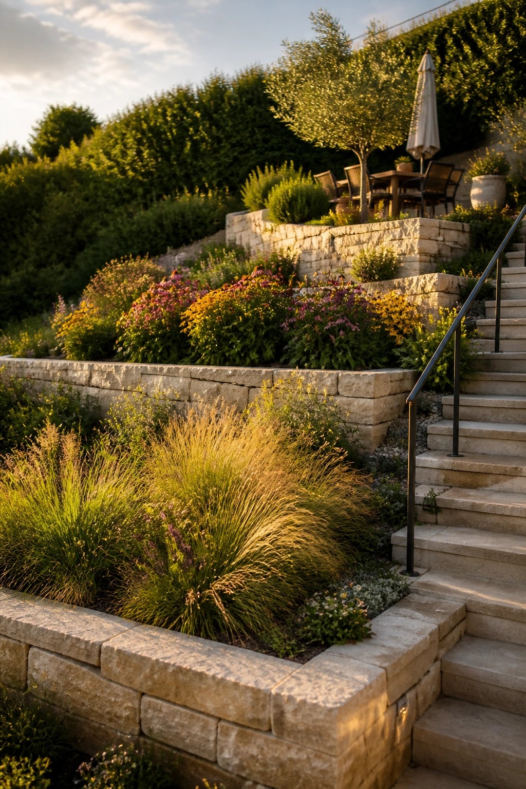 A multi-level garden with stone retaining walls, colorful flower beds, ornamental grasses, and a stone staircase with a metal handrail leading to an upper seating area.