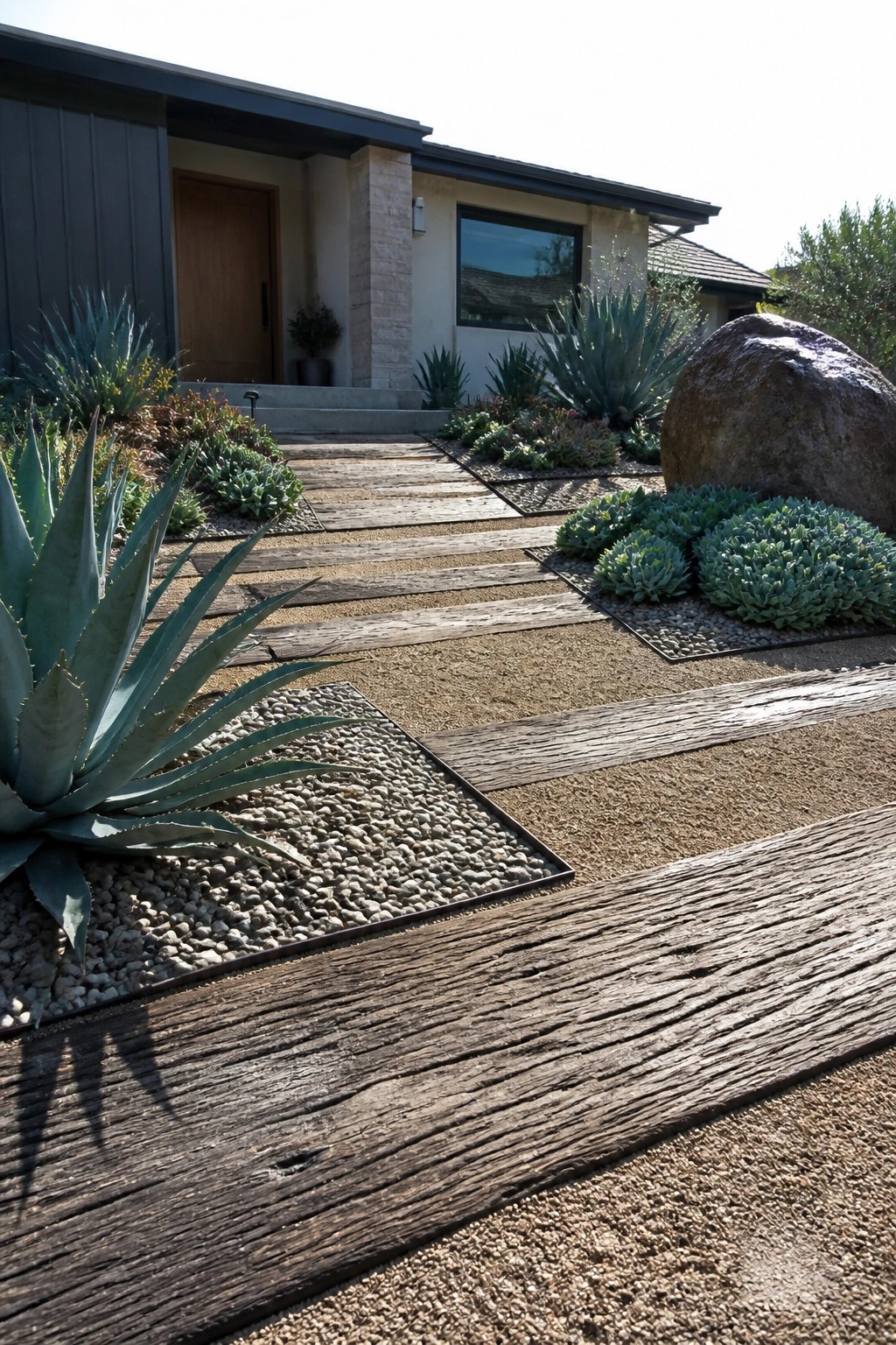 A gravel garden path made of spaced wooden planks leads toward a modern house entrance, bordered by agave plants and large rocks.