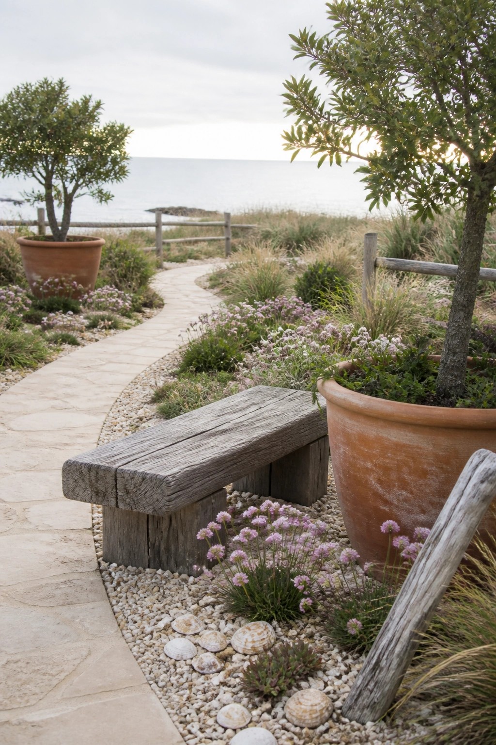 A curving stone path runs beside a wooden bench placed in gravel with seashells, low pink flowers, and large terracotta pots near the shoreline.