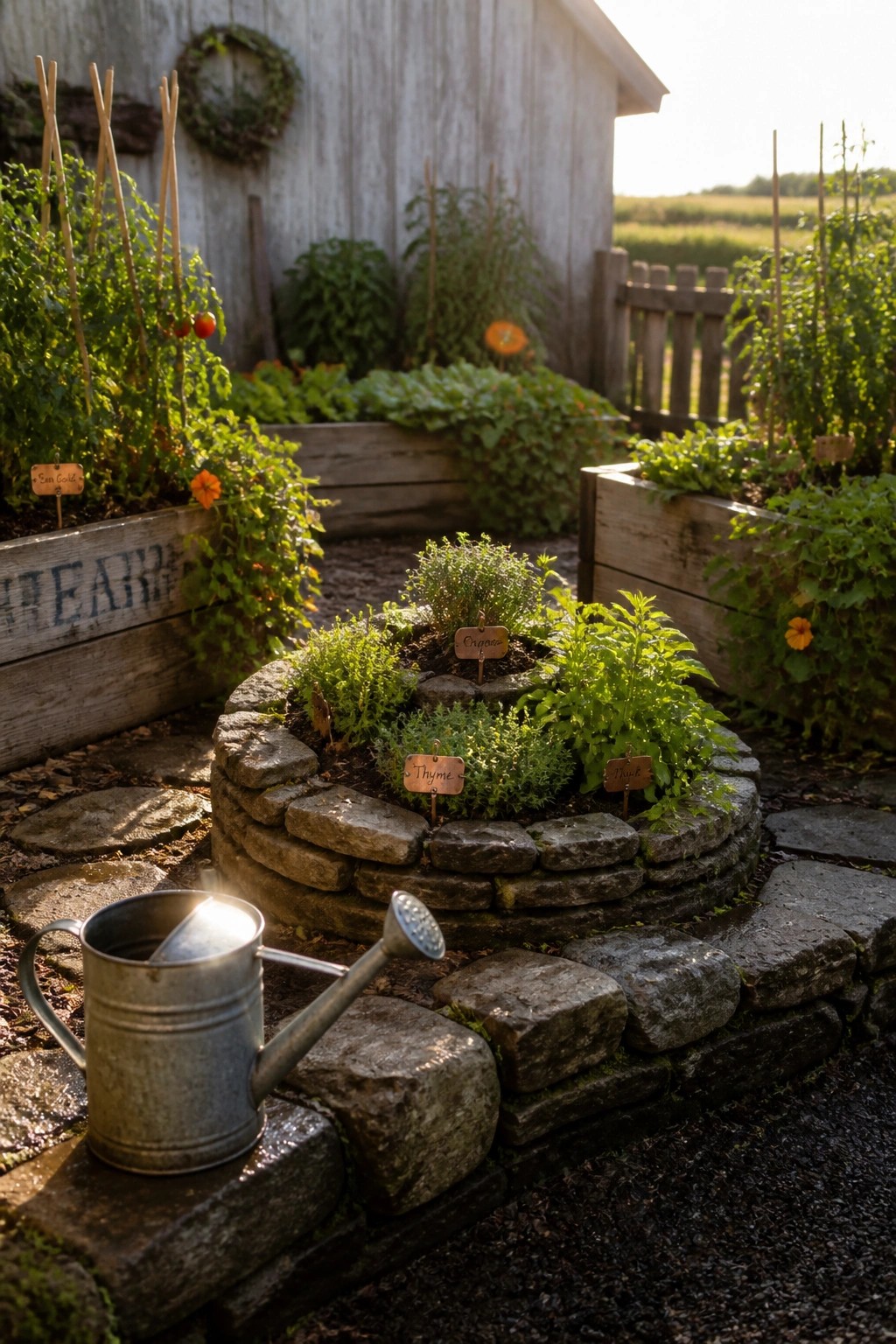A small garden featuring a circular stone raised bed planted with herbs, surrounded by wooden raised beds and a metal watering can resting on the stone path.