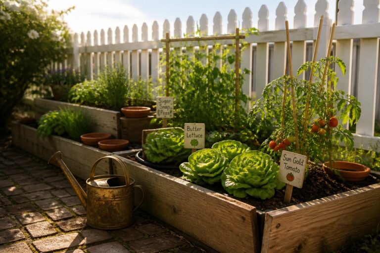 Wooden raised beds hold tomato plants, lettuce, and pea vines with labeled signs, set beside a brick path and a brass watering can.