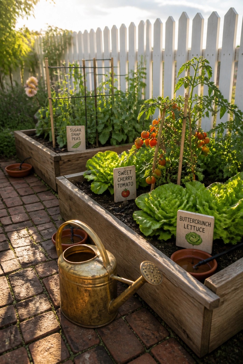 Wooden raised beds hold tomato plants, lettuce, and pea vines with labeled signs, set beside a brick path and a brass watering can.