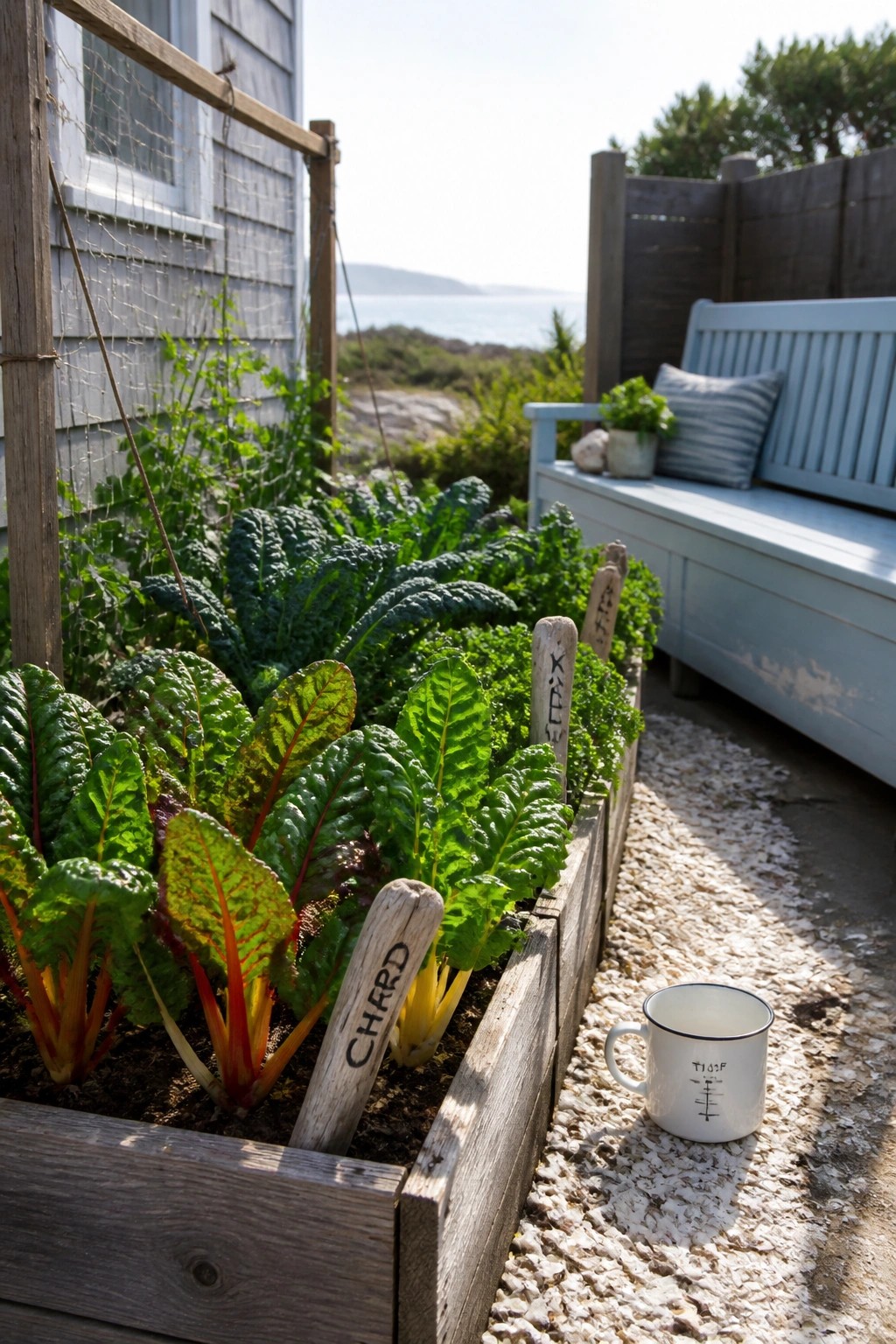 Wooden raised beds with chard and kale plants, handwritten wooden markers, and a white mug on the gravel beside a blue bench.