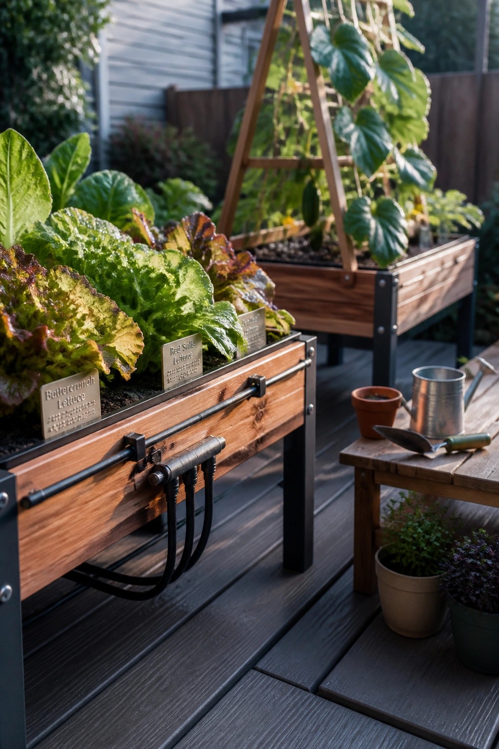 Wooden raised garden beds on a deck containing lettuce plants with visible metal variety labels.