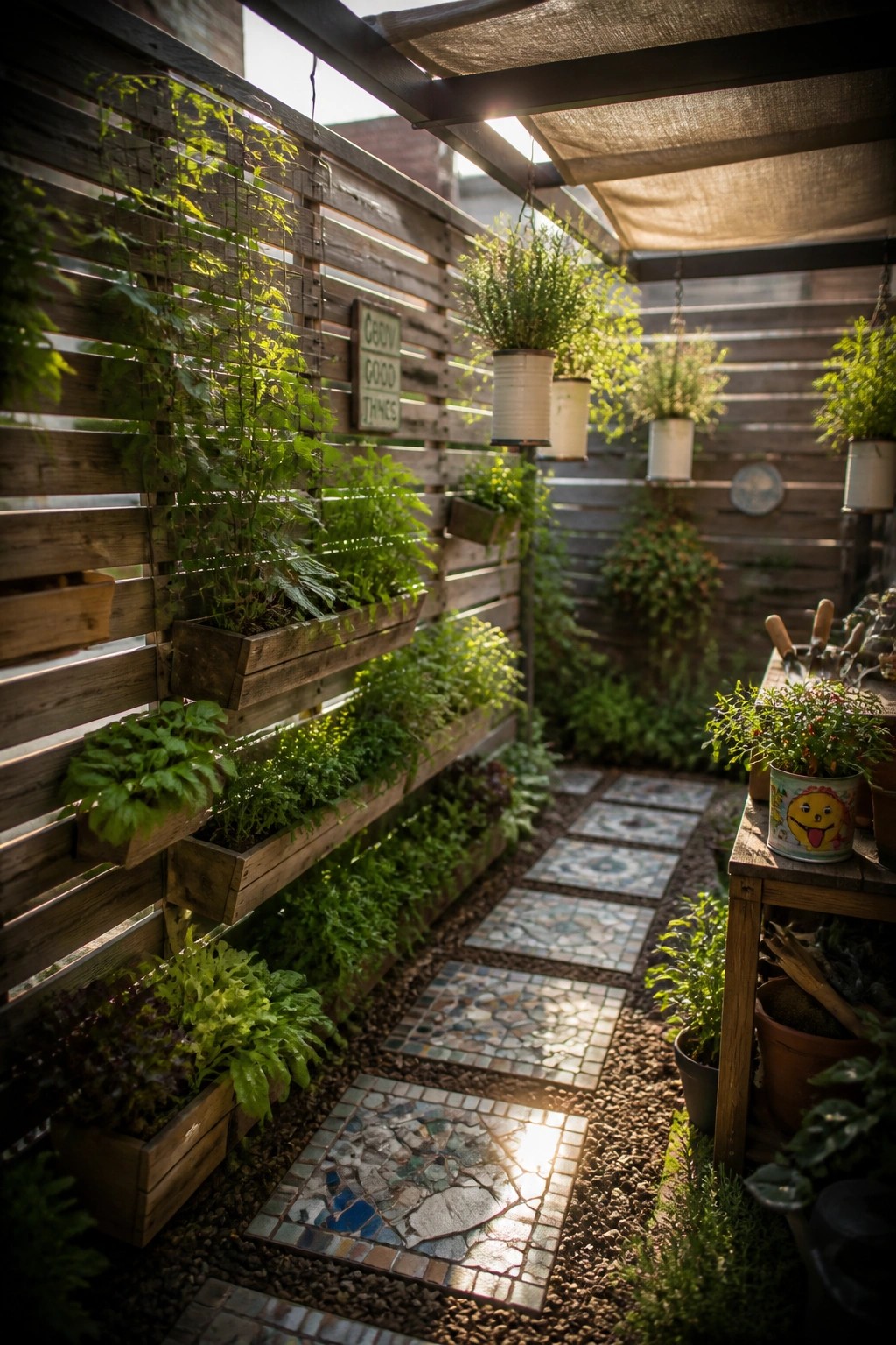 Lush vertical garden with wooden planters, hanging pots, and mosaic stone pathway