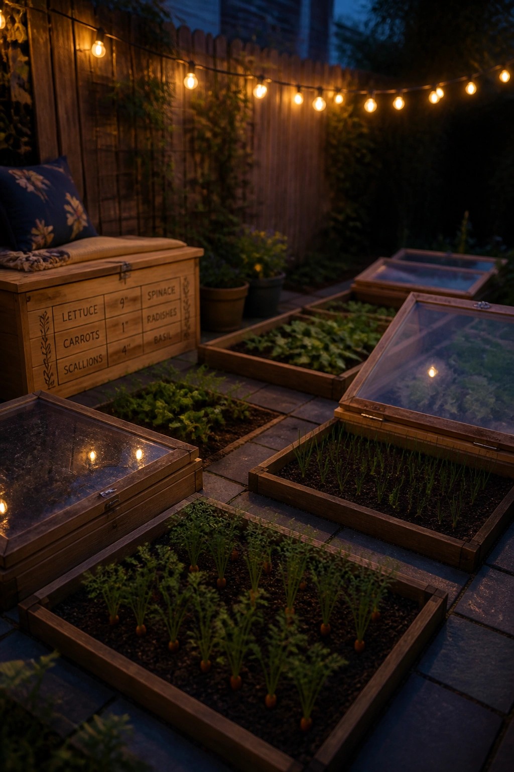 A backyard at dusk with several wooden raised vegetable beds, some fitted with glass lids, arranged on stone pavers under string lights.