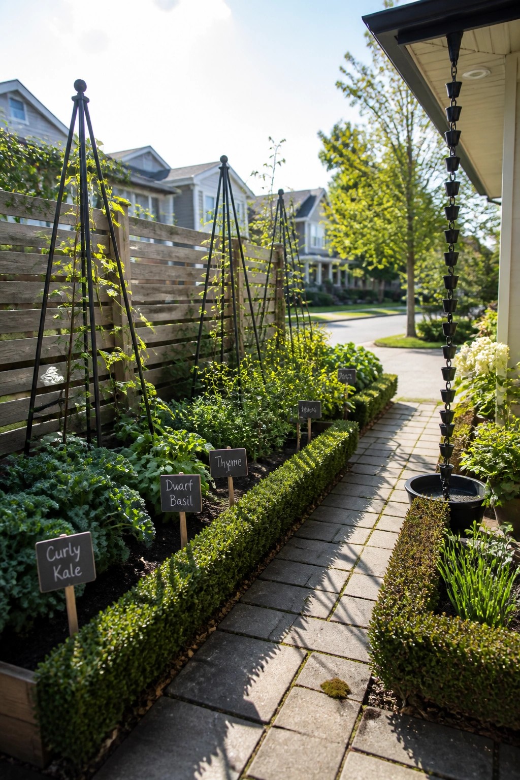 A stone path runs between raised wooden beds filled with vegetables and herbs, with chalkboard signs labeling kale, basil, thyme, and other plants.