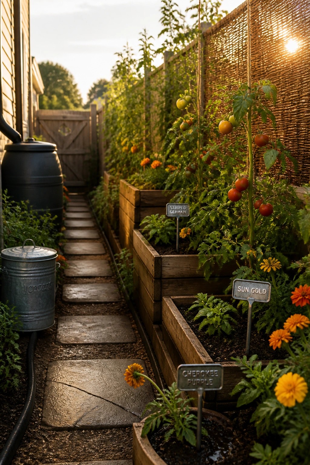 A narrow stone path runs between raised wooden garden beds filled with tomato plants and marigolds, with two rain barrels visible on the left.