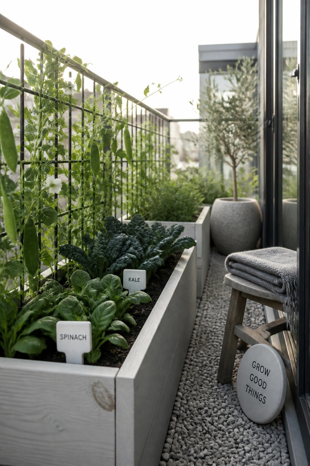 A balcony with long wooden raised beds growing spinach, kale, and peas along a metal railing, with plant labels and a gravel surface.