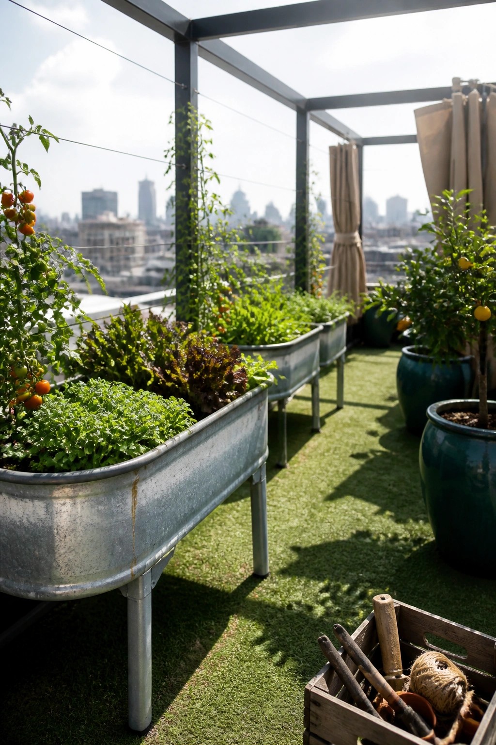 Rooftop garden with metal planters of vegetables, potted plants, tools, and city skyline
