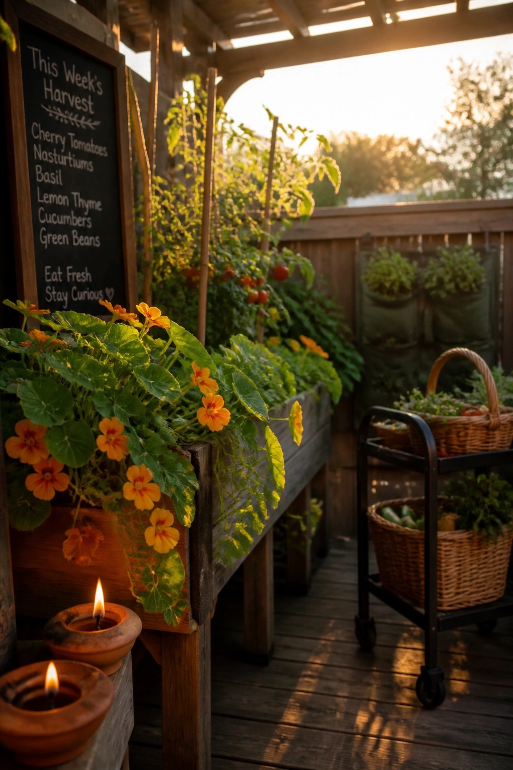 A wooden raised garden bed on a deck overflowing with tomato plants and orange nasturtium flowers, next to a chalkboard listing the week's harvest and a cart with wicker baskets.