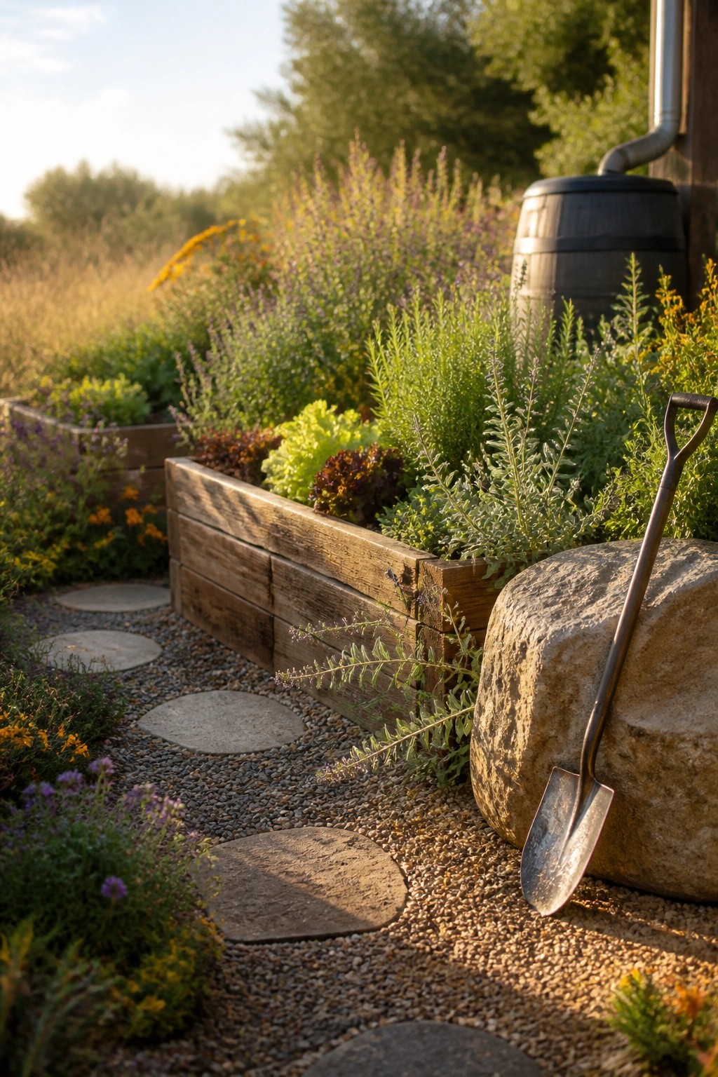 Wooden raised garden beds filled with leafy vegetables and herbs sit beside gravel paths with round concrete stepping stones, with a shovel resting near a large rock.
