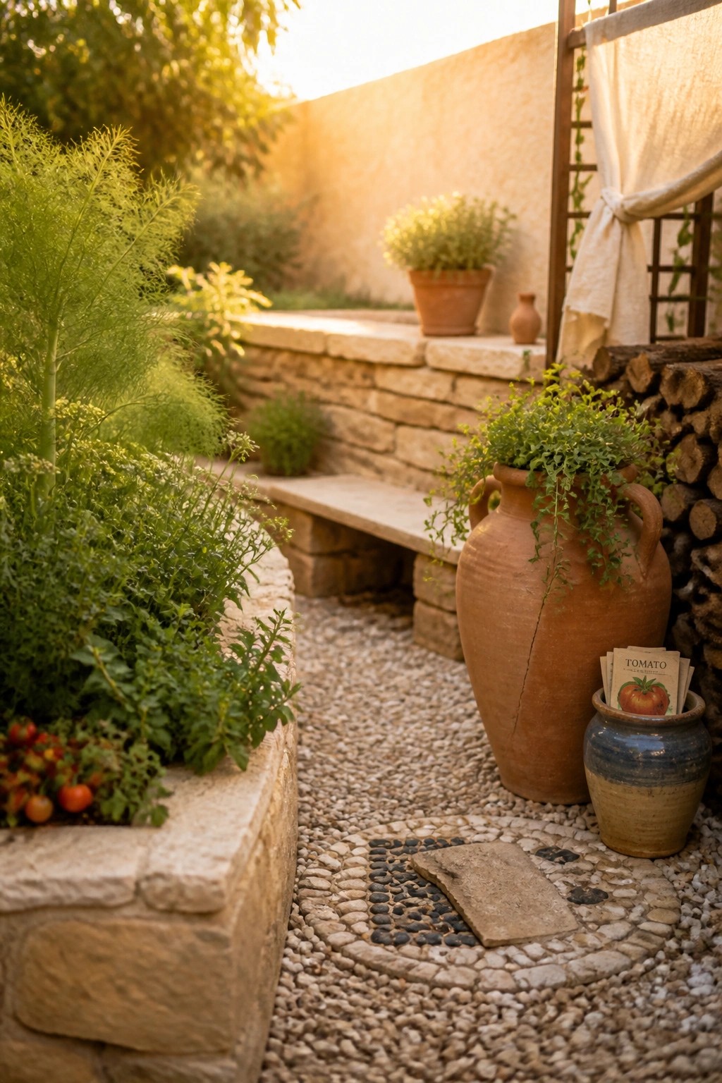 Rustic garden with terracotta pots, tomato plants, and pebble stone path.