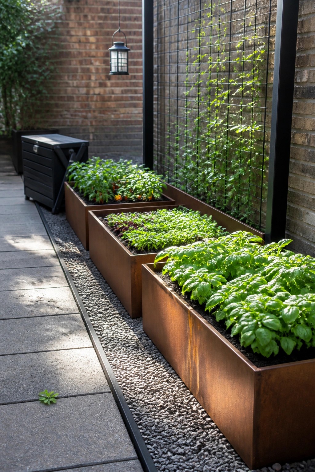 A row of three rectangular metal raised beds with leafy vegetables sits on gravel beside a brick wall fitted with a black wire trellis and a hanging lantern.