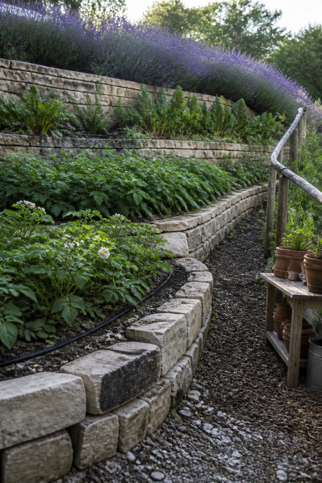 Tiered stone walls with leafy greens, potato plants, and purple lavender beside a gravel path.