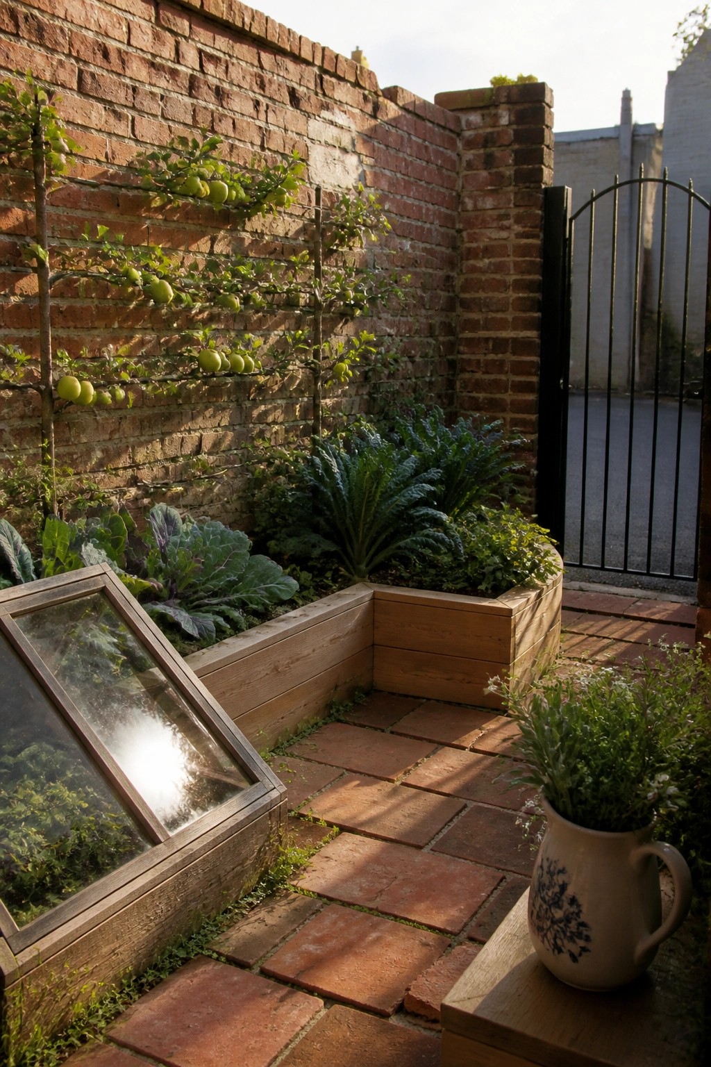 A small courtyard garden with raised wooden beds against a brick wall, espaliered fruit trees trained on wires, and leafy vegetables growing in the beds.