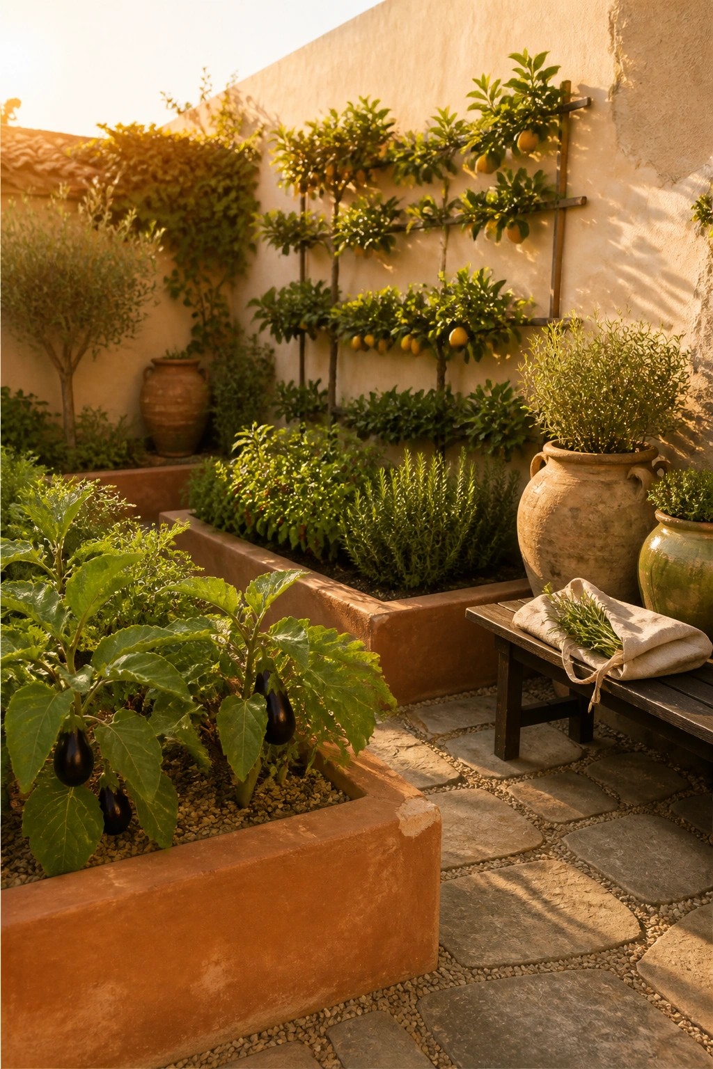 A courtyard garden features raised terracotta beds with eggplant plants and herbs, alongside citrus trees trained on a wooden trellis against a stucco wall, with stone paving and large ceramic pots nearby.