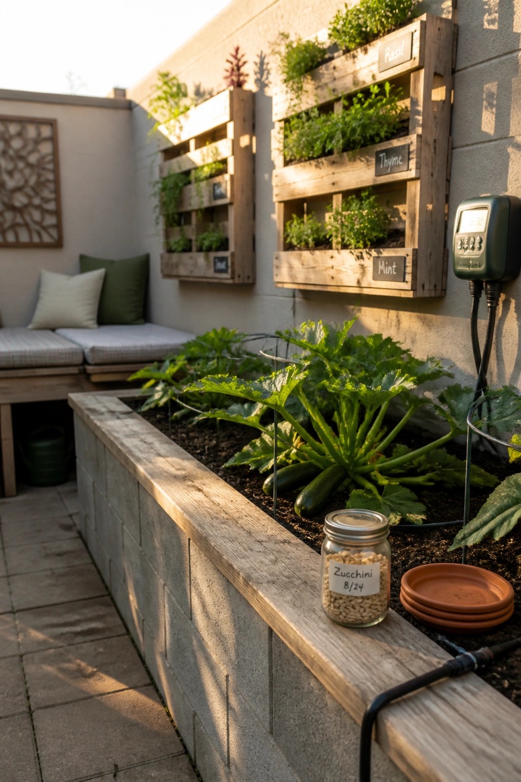 A small outdoor garden area with wooden pallet planters mounted on a concrete wall holding basil, thyme, and mint, next to a raised bed with zucchini plants and a jar of seeds on the edge.