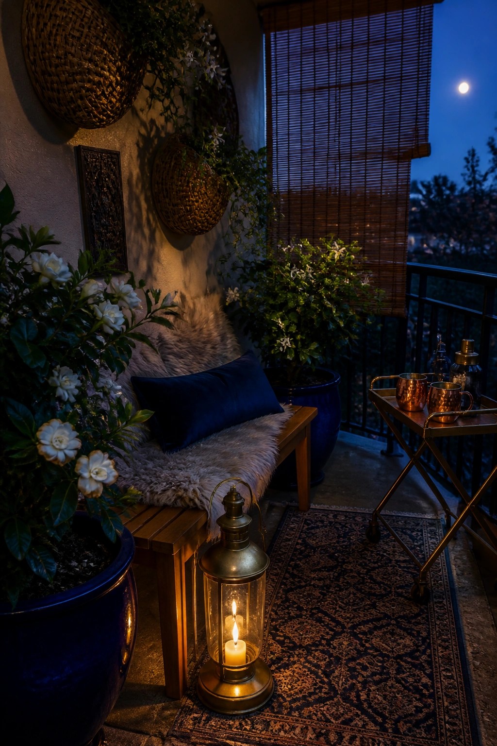 A nighttime balcony scene with a wooden bench holding a blue pillow and fur throw, surrounded by blue ceramic pots with white flowers, hanging woven baskets, a lit metal lantern on a patterned rug, and a rolling cart with copper mugs.