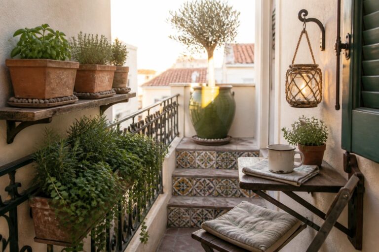 A small balcony with potted plants arranged on tiled steps, a wooden wall shelf, a small table with a cup, and a cushioned chair overlooking a cityscape.