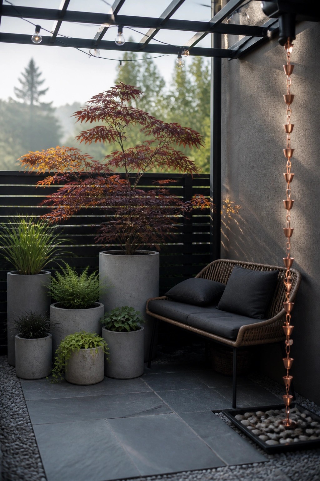 A patio corner with multiple gray concrete planters of varying sizes holding assorted plants including a large Japanese maple next to a woven bench.
