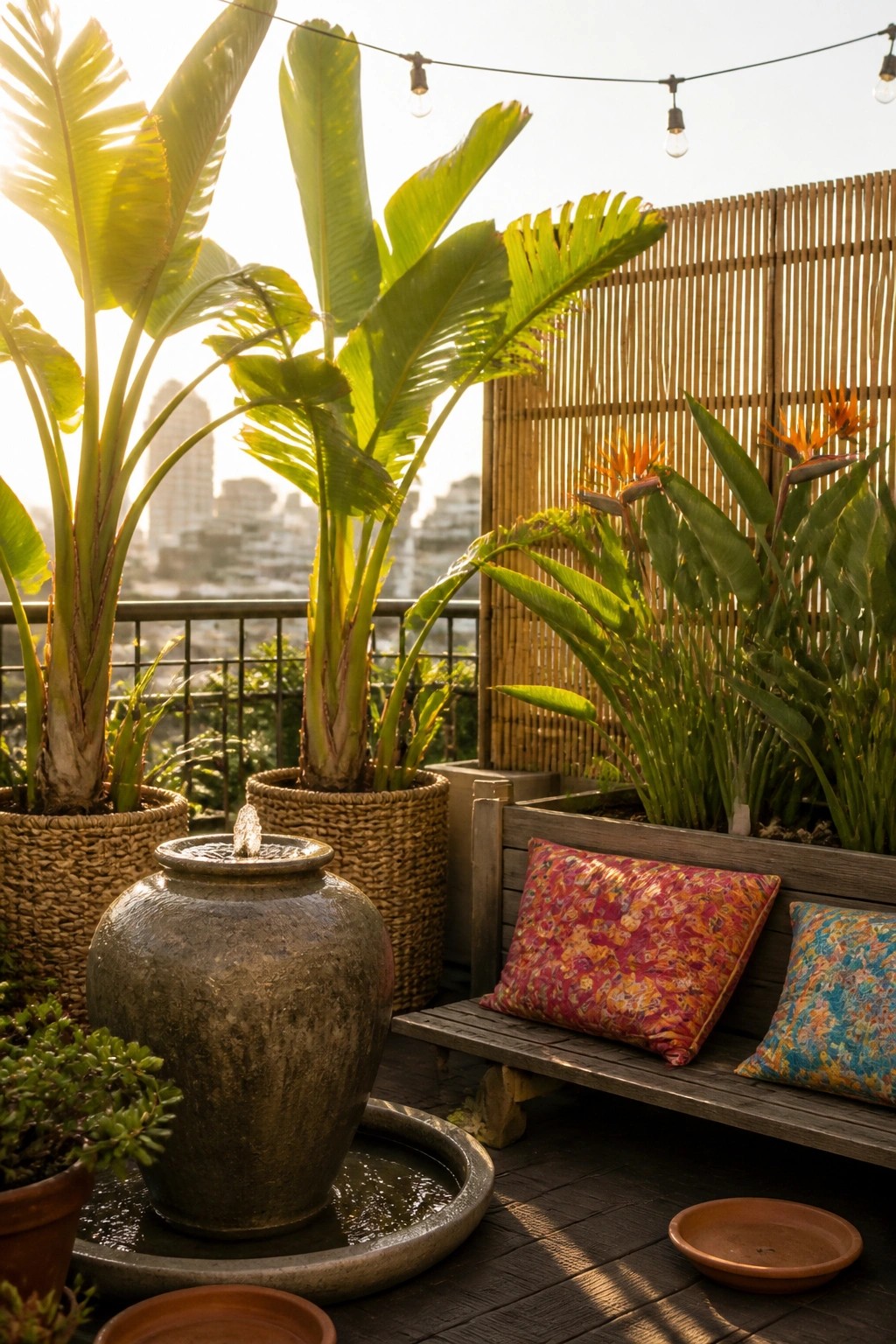 A wooden bench with colorful pillows sits on a balcony surrounded by large potted tropical plants and a ceramic water fountain.