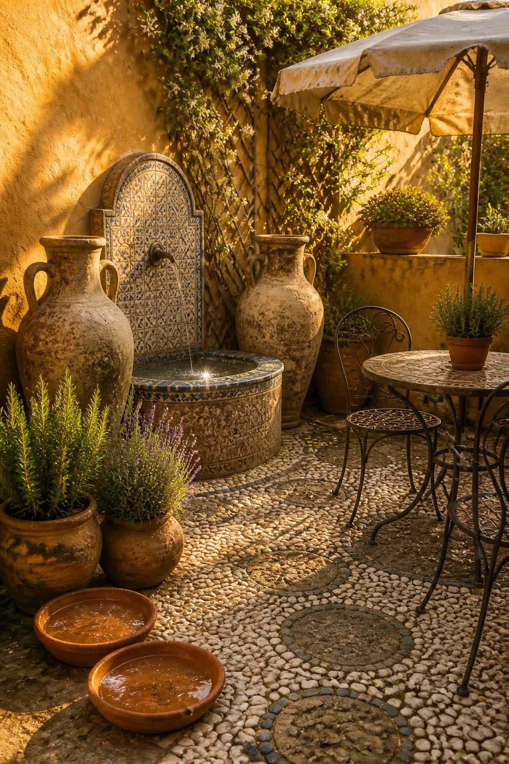A sunlit patio with a pebble floor shows a tiled fountain, several large terracotta pots with plants, and a metal table and chairs under an umbrella.