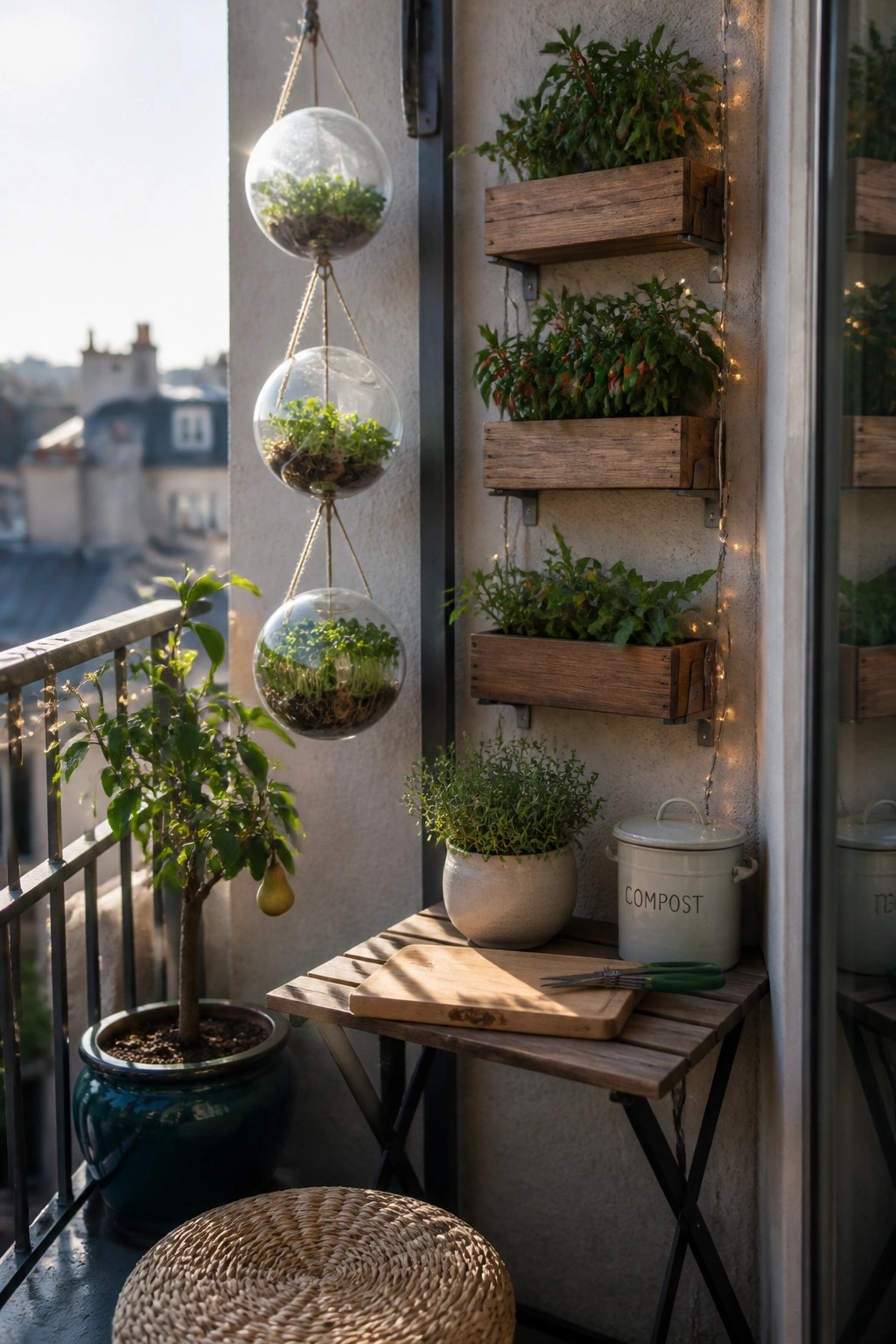 A small balcony with hanging glass planters, wall-mounted wooden boxes filled with plants, a potted tree, and a wooden table holding a cutting board and scissors.