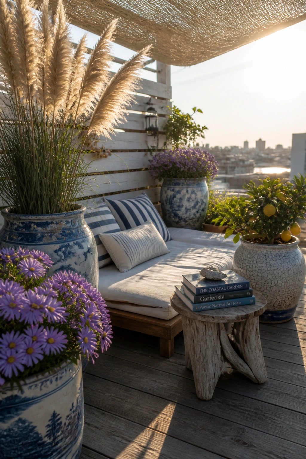 A wooden patio with a cushioned bench surrounded by large blue and white ceramic pots holding pampas grass, purple flowers, and a small citrus tree, with a stack of books on a wooden stool.
