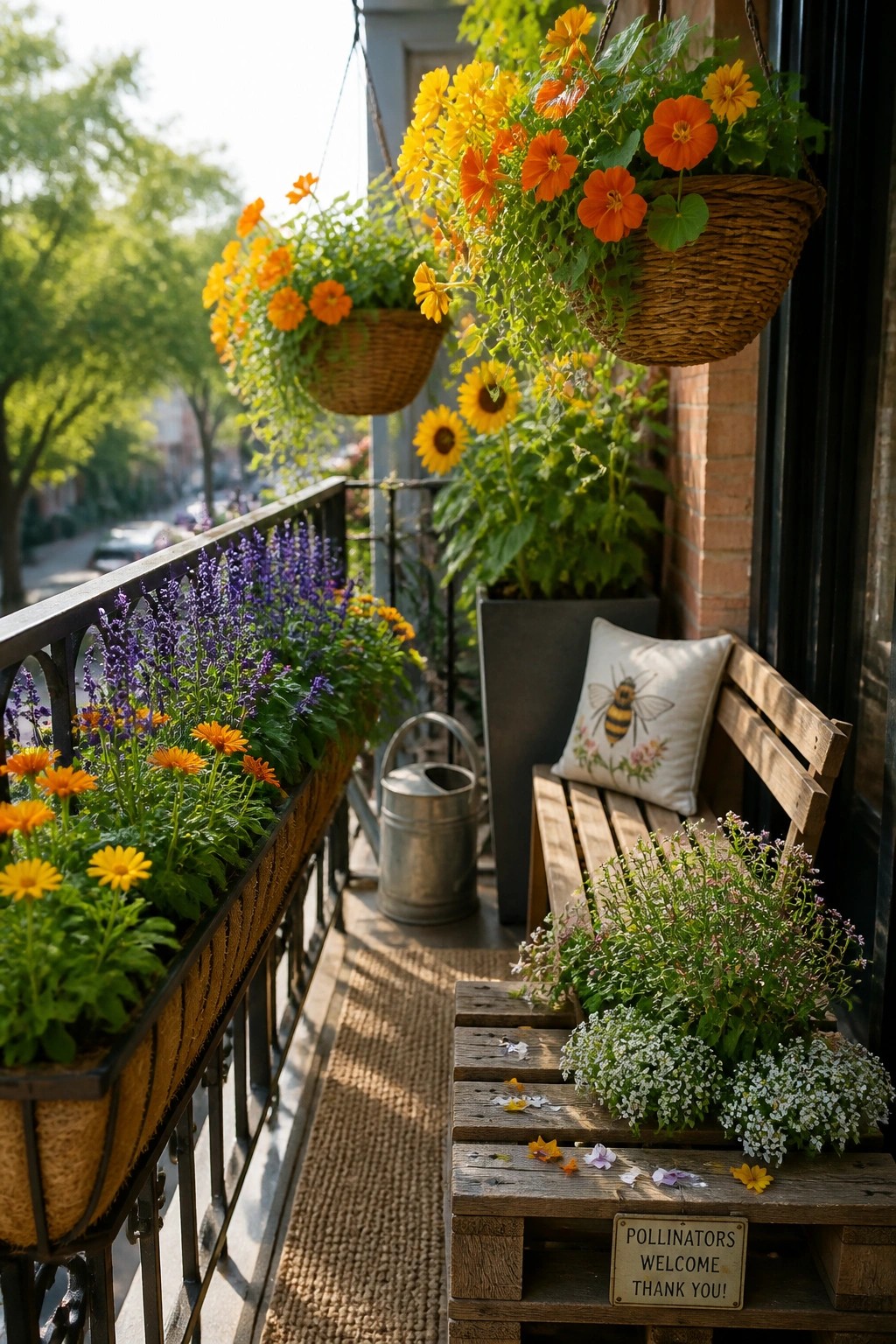 A narrow urban balcony lined with colorful flowers in hanging baskets, railing planters, and small pots placed on a wooden bench.