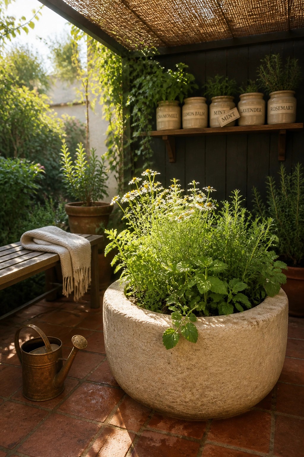 Stone herb planter with daisies beside rusty watering can on brick patio