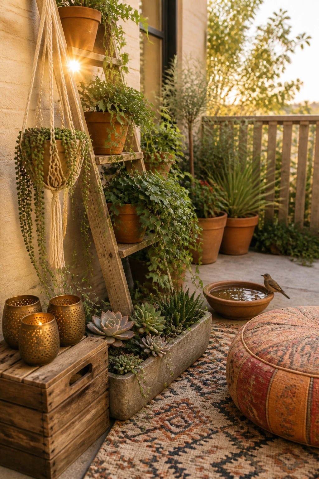 A wooden ladder holding terracotta pots with green plants stands on a patio beside a concrete trough of succulents, metal lanterns on a wooden crate, a patterned floor cushion, and a birdbath with a small bird.