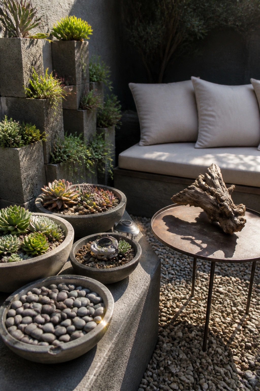 Stacked concrete block planters with succulents beside a cushioned outdoor bench and a round metal table on a gravel patio.