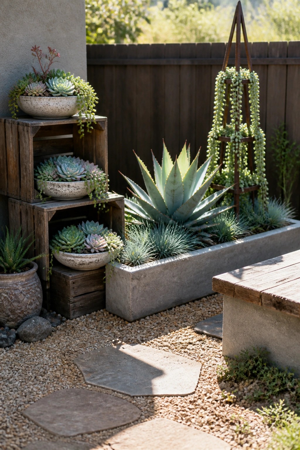 Succulents in bowls sit on stacked wooden crates beside a concrete trough planter holding an agave and grasses, with gravel and stepping stones in the foreground.