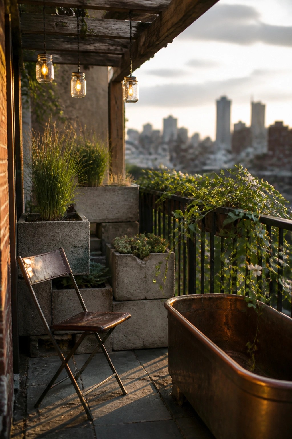 A balcony garden with stacked concrete block planters, a folding metal chair, a large copper tub, and hanging mason jar lights overlooking a city skyline.
