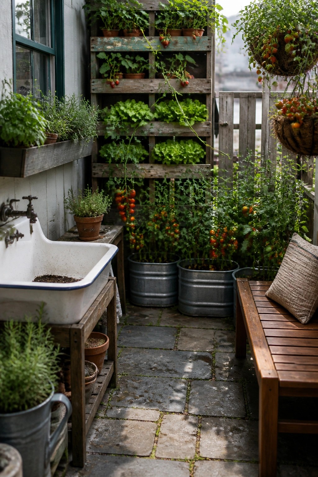 A small patio with wooden pallets mounted vertically holding potted vegetables, metal containers on the ground, a white sink on a stand, and a wooden bench.