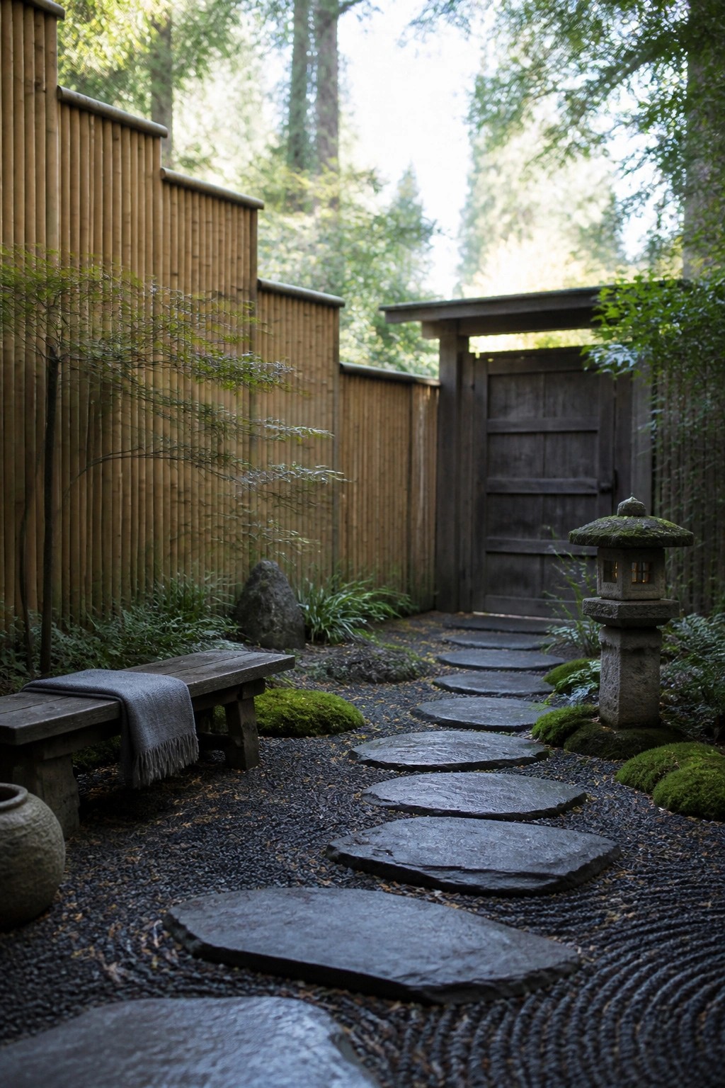 A garden path of irregular stepping stones leads through raked gravel toward a wooden gate, bordered on the left by a tall bamboo fence and a low wooden bench.