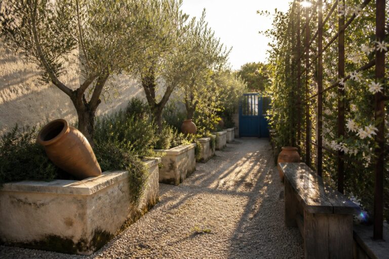 Sunlit gravel garden path lined with olive trees, terracotta pots, stone planters, and wooden bench