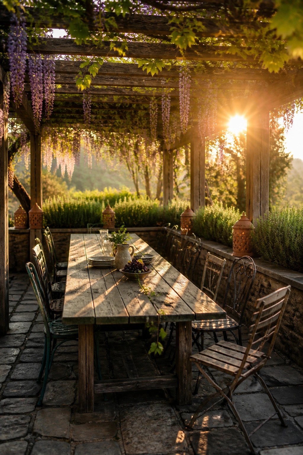 A wooden pergola covered in hanging purple wisteria flowers shelters a long outdoor dining table with metal chairs on a stone patio at sunset.
