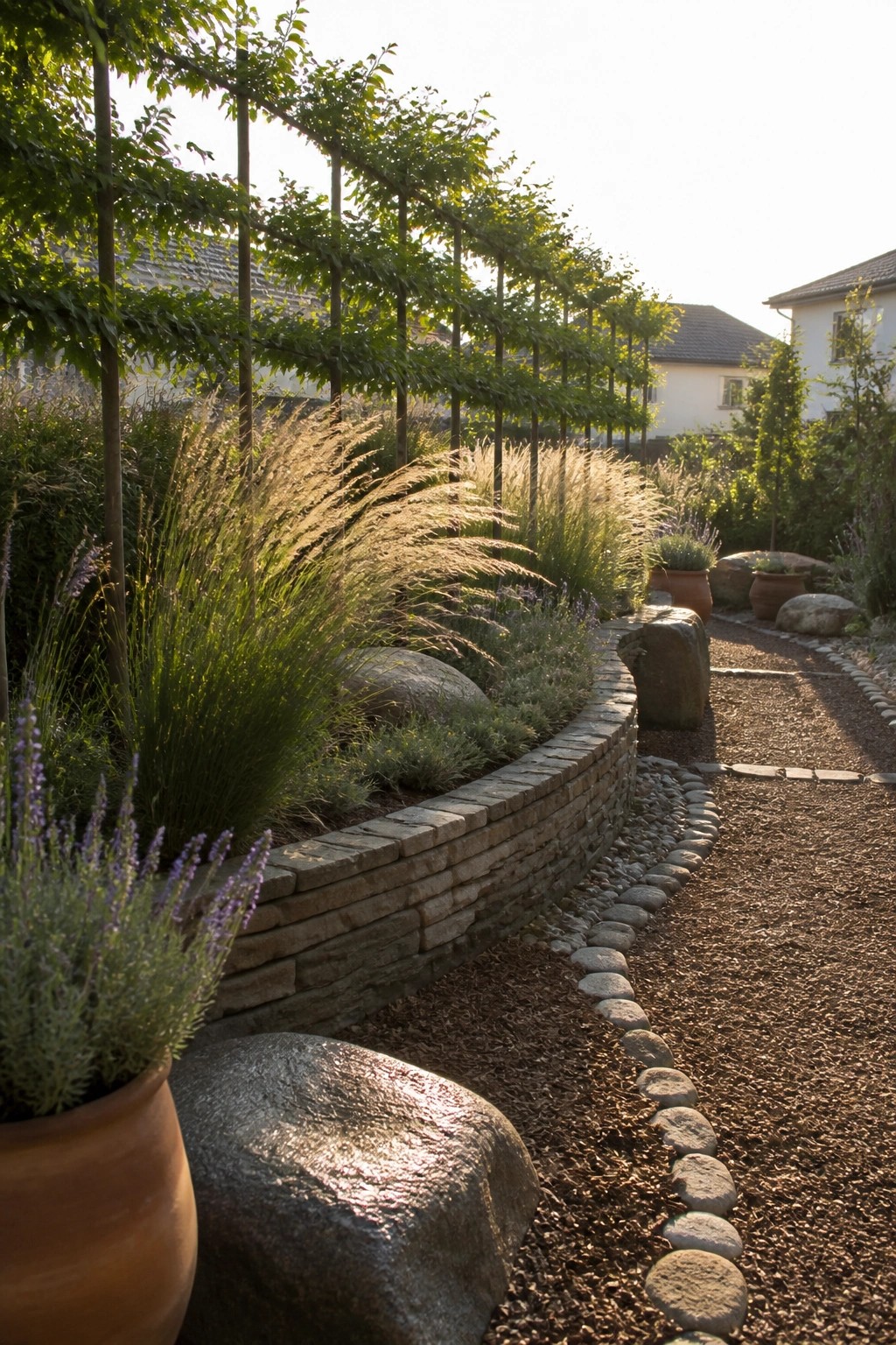A garden path runs beside a curved stone retaining wall topped with tall ornamental grasses, a wooden trellis with climbing trees, and potted plants in the foreground.