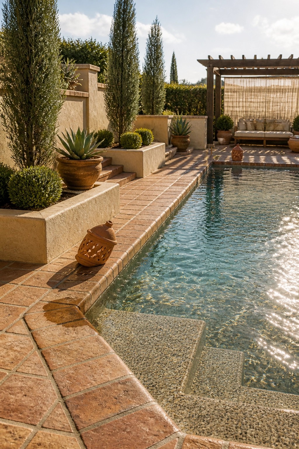 A long rectangular pool with brick coping, terracotta pots, low shrubs, and a row of tall cypress trees lining the garden edge beside a wooden pergola.