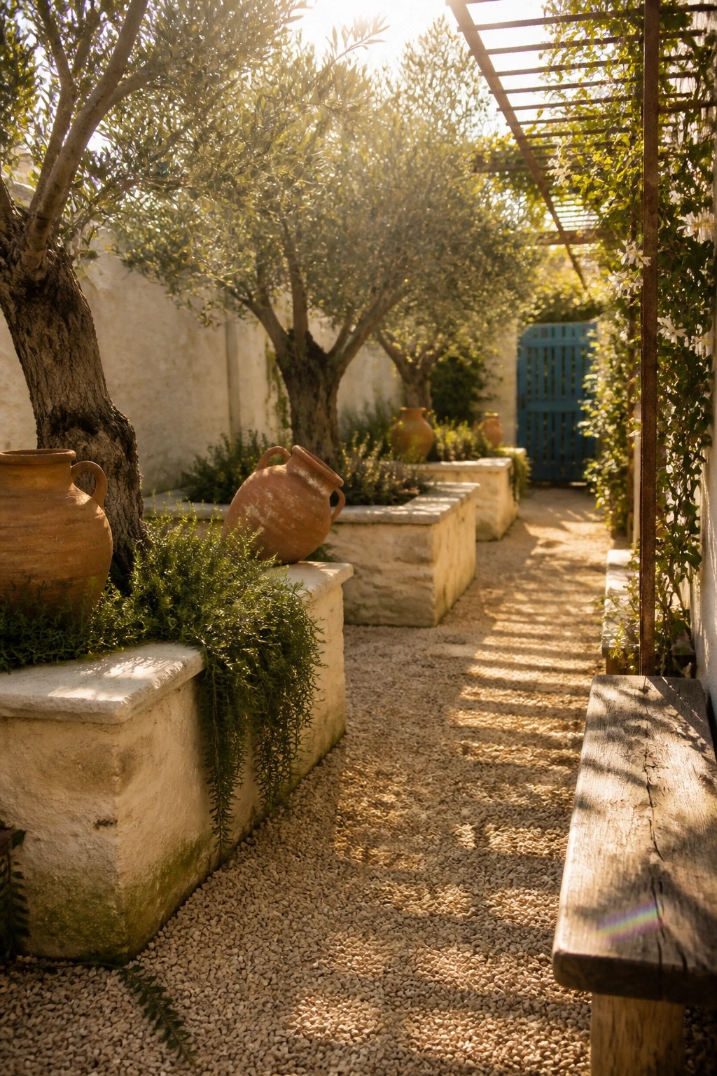 Sunlit gravel garden path lined with olive trees, terracotta pots, stone planters, and wooden bench
