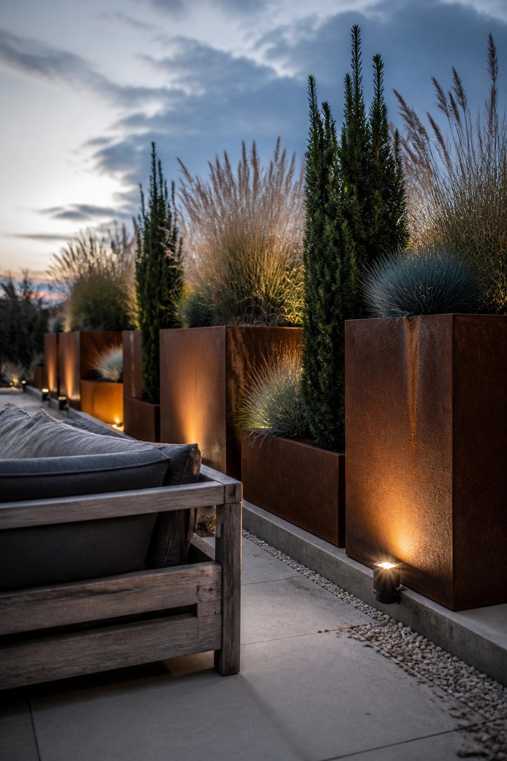 A row of large rectangular rusted metal planters filled with tall evergreen trees and ornamental grasses lines a paved patio beside a wooden outdoor sofa, with small ground lights illuminating the planters.