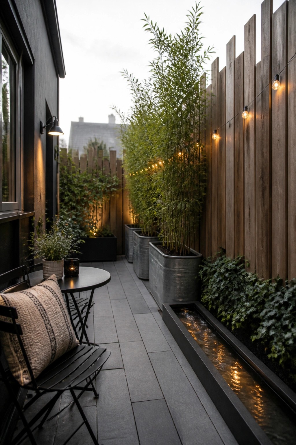 A narrow paved patio with black metal seating, a long water channel, and several tall metal planters holding dense green plants beside a wooden fence with string lights.
