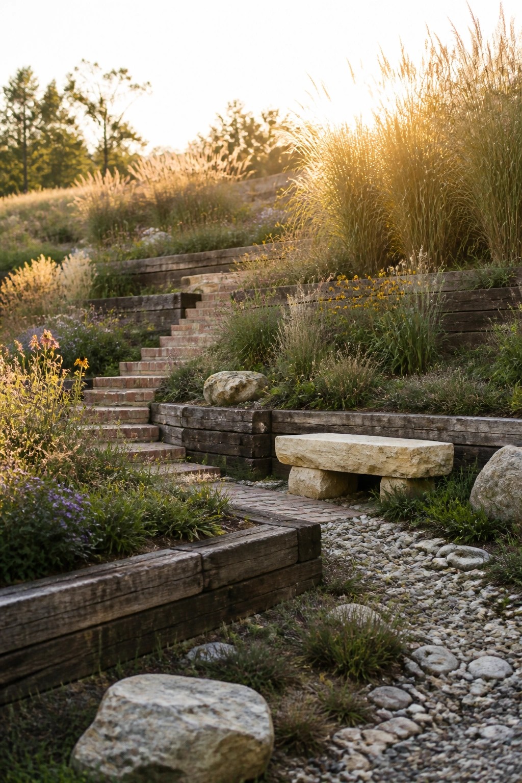 Rustic garden with stone bench, brick steps, wooden walls, gravel path, and tall grasses.